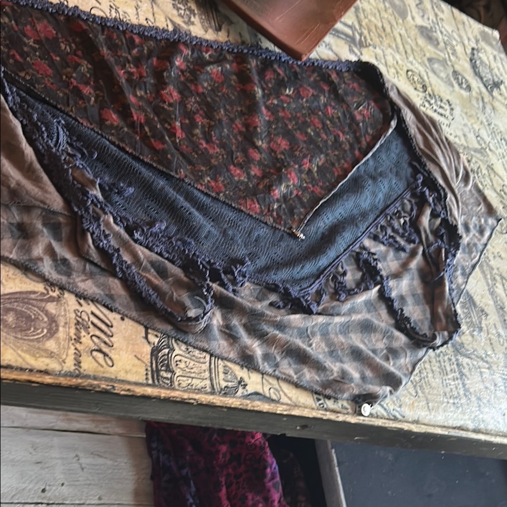 Boho Layered Knit & Lace Shawl Scarf - Navy, Gray, Burgundy